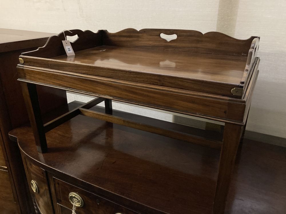 A Victorian rectangular mahogany butlers tray on later stand, width 78cm, depth 52cm, height 48cm